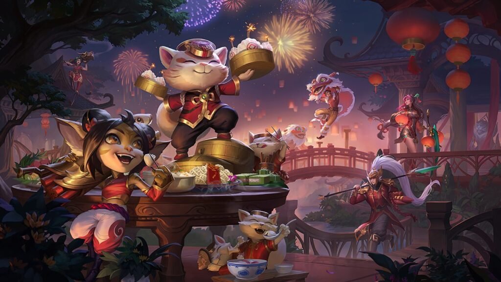 Lunar Revel: Firecracker promo image depicting League of Legends characters celebrating the Lunar New Year.