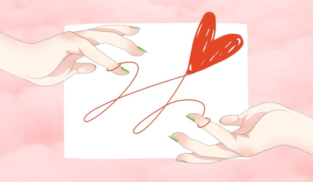 Red string of fate binds the hands of two people together.