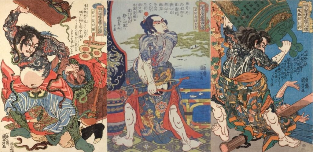 Three woodblock prints showing tattooed warriors, by Utagawa Kuniyoshi.