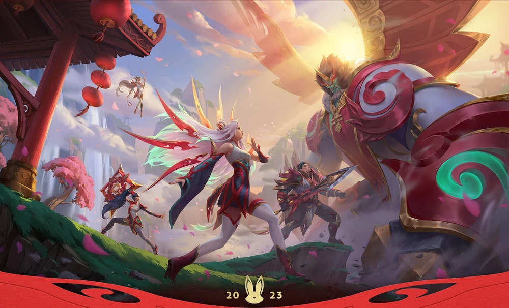 League of Legends promo art depicting Sivir, Irelia, Zyra, Garen, and Galio Mythmaker skins.